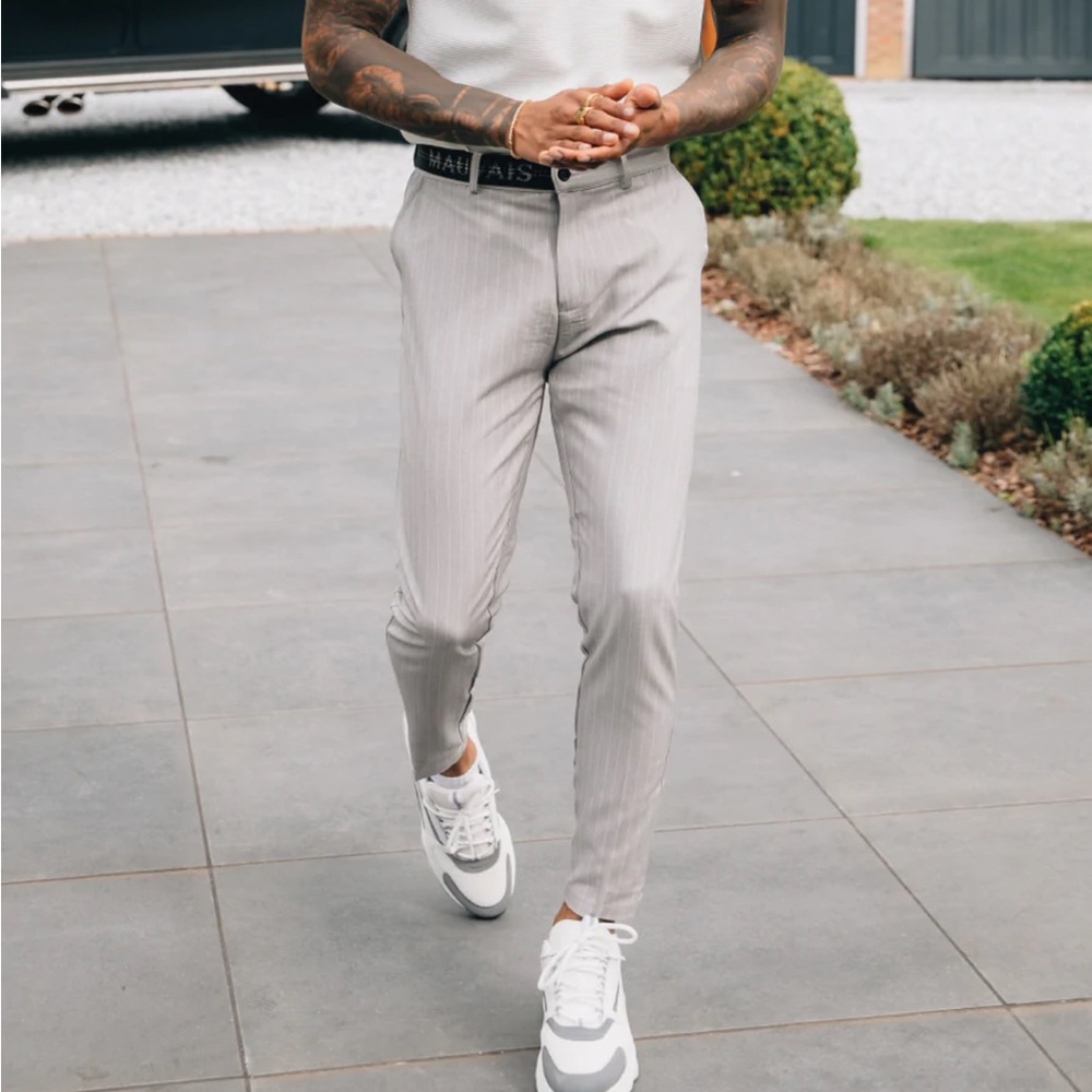 Mauvais grey pinstripe trousers with half belt size 34W32L